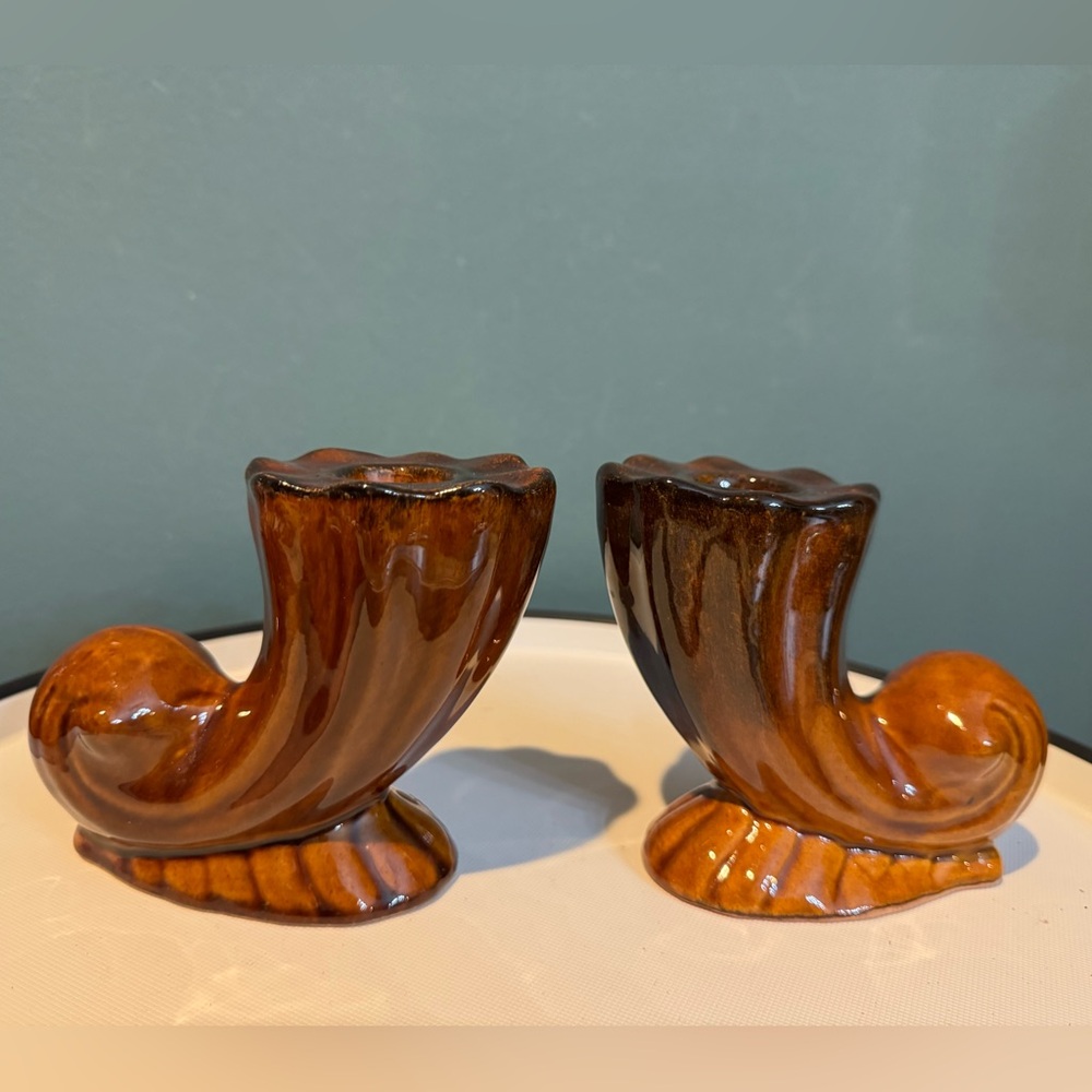 Pair of Anna Van Briggle Pottery Brown Drip Horn Cornucopia Candle Holders MCM